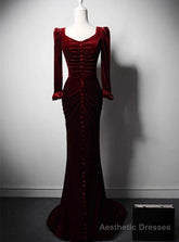Burgundy Mermaid Long Sleeve Velvet Prom Dress